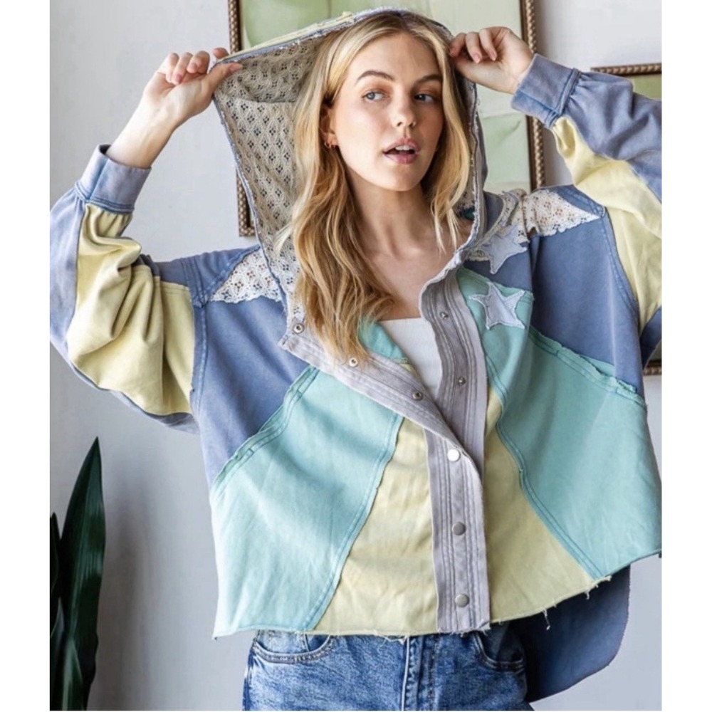Oli and Hali Washed Star Top / Jacket Hoodie Patchwork NWOT Oversized Boho L - Picture 7 of 8